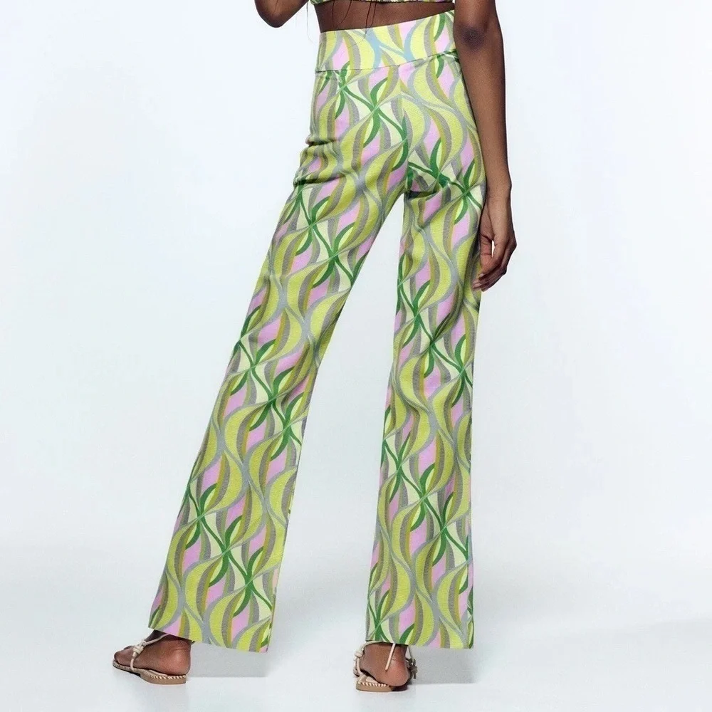 NWOT Zara Printed Linen Blend Flared Trousers, Multicolor Geometric Print, Sz S